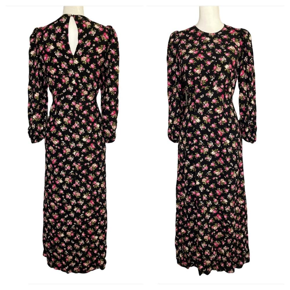 Zara Black Floral Midi Longsleeve Cottagecore Style Dress Size Medium